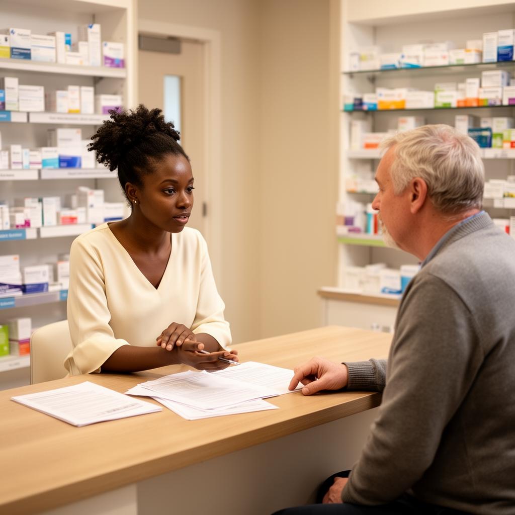 Pharmacist consulting patient about traveller's diarrhoea prevention