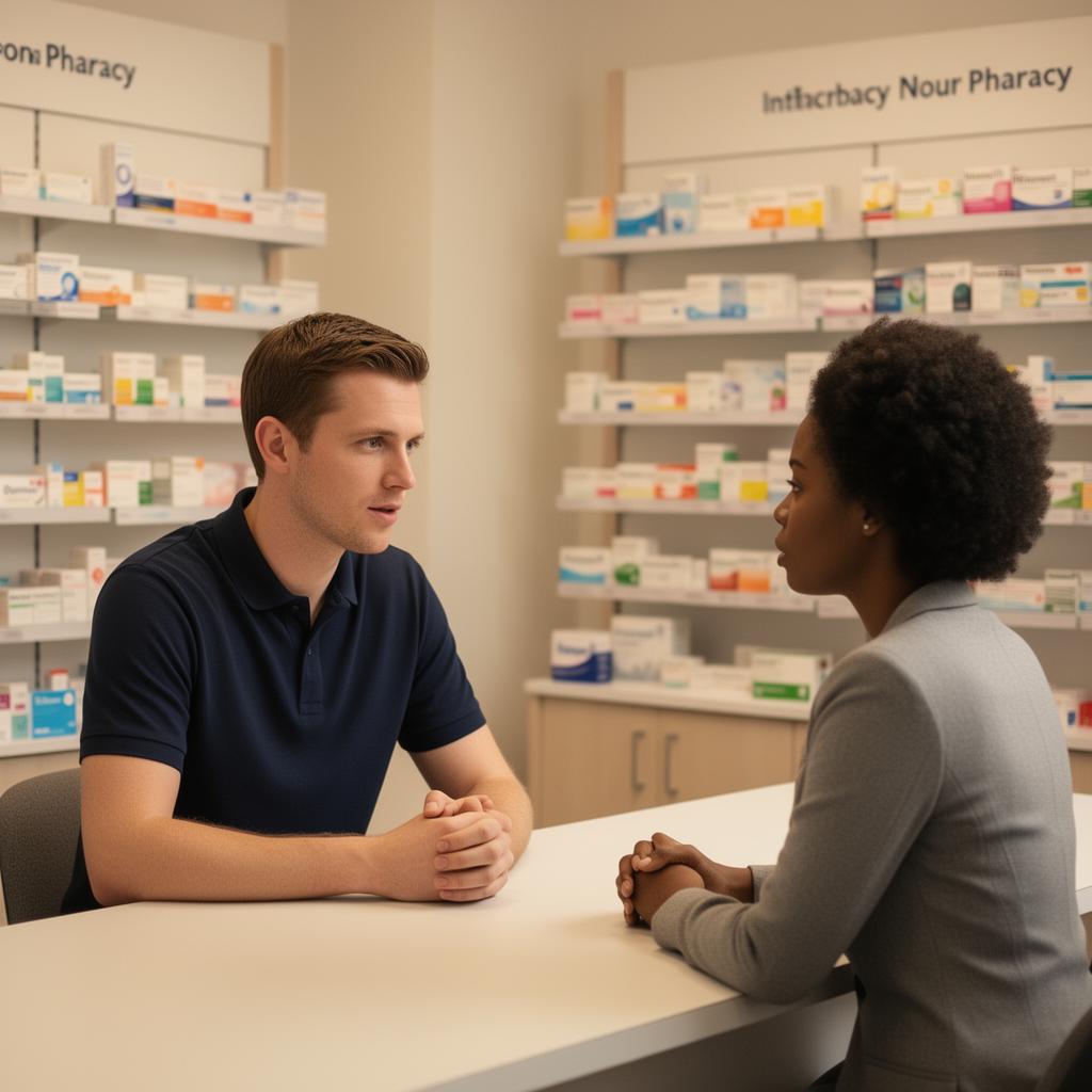 Pharmacist advising patient about sun and heat protection while travelling